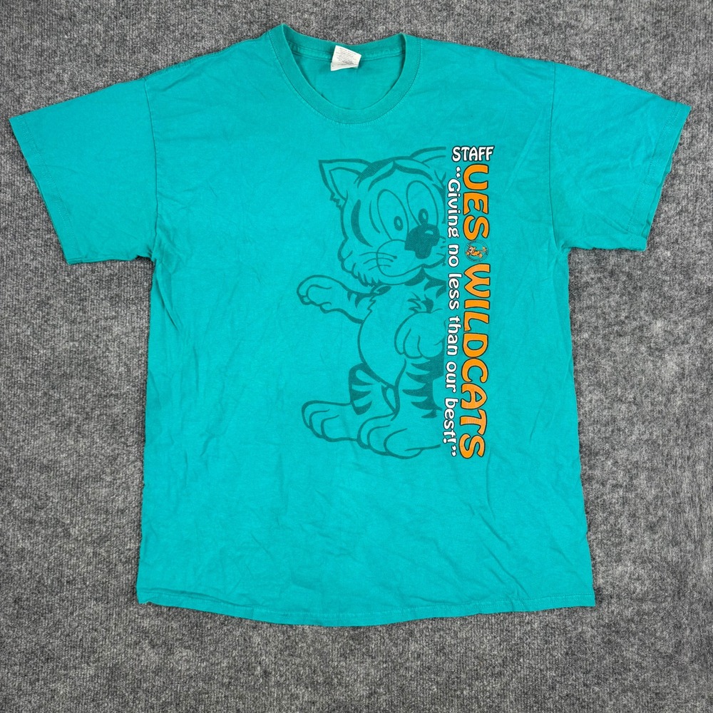Gildan T-Shirt Mens Size L Teal Green Union Elementary Wildcats Staff Graphic